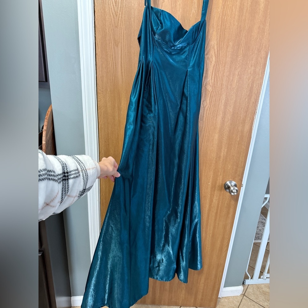 Lulus Aura Shiny Dark Teal Taffeta Maxi Dress With Pockets size medium - Picture 7 of 15